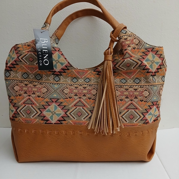 Bueno Collection Handbags - Tan Aztec-Pattern Tote with Tassel